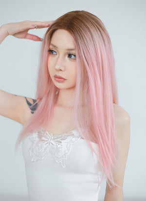 Pastel Pink With Brown Roots Straight Lace Front Kanekalon Synthetic Wig LF6008