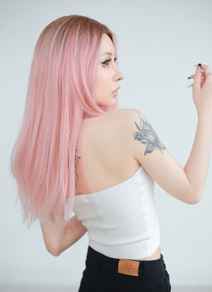 Pastel Pink With Brown Roots Straight Lace Front Kanekalon Synthetic Wig LF6008