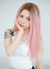 Pastel Pink With Brown Roots Straight Lace Front Kanekalon Synthetic Wig LF6008