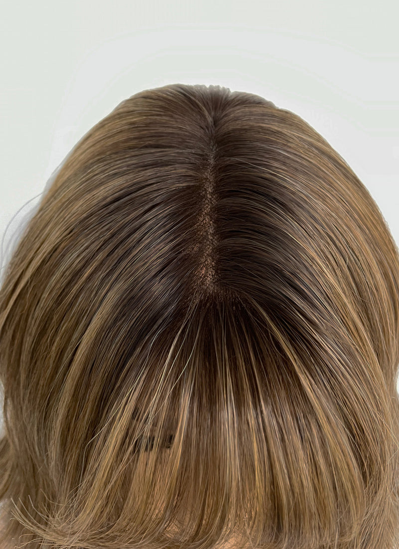 Blonde Mixed Brown With Dark Roots Wavy Mono Top Lace Wig MN014