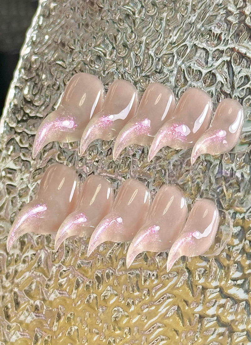 Hyper-Realistic Cat Claw Nude Pink With Iridescent Tip Cute Oval Handmade Press-On Nails NF060