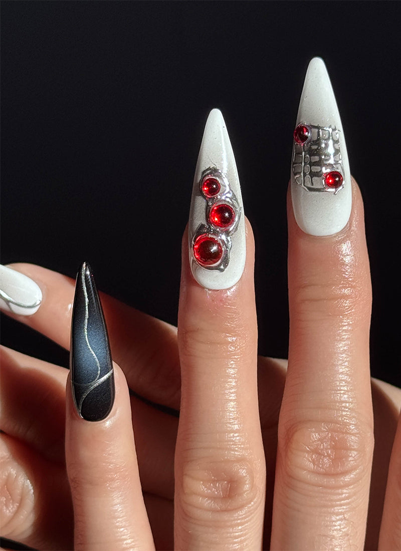Gothic Black & White Edgy Elegance For Halloween Almond Handmade Press-On Nails NF077