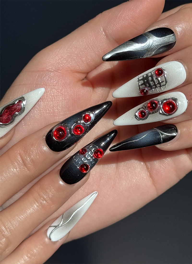 Gothic Black & White Edgy Elegance For Halloween Almond Handmade Press-On Nails NF077
