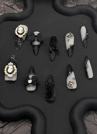 Elegant Black & Off-White Floral Almond Handmade Press-On Nails NF082