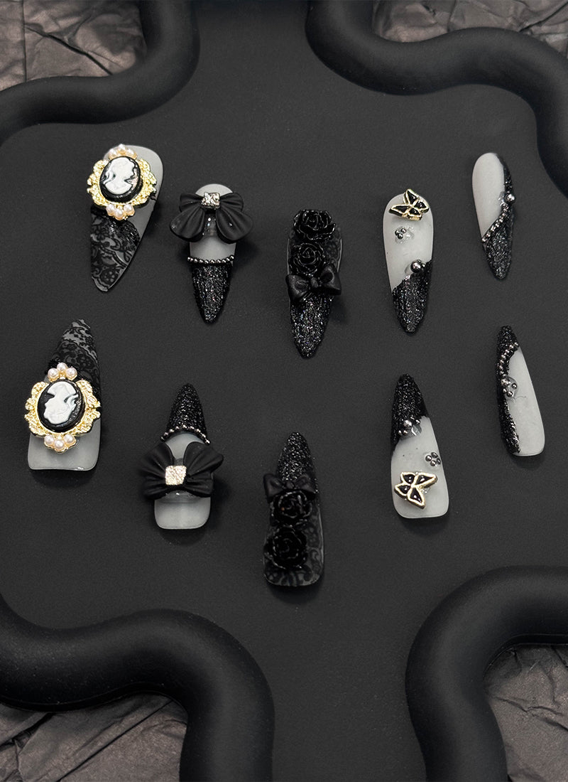 Elegant Black & Off-White Floral Almond Handmade Press-On Nails NF082