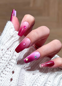 Pink & Red Ombre with Colorful Dots Coffin Handmade Press-On Nails NF089