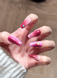 Pink & Red Ombre with Colorful Dots Coffin Handmade Press-On Nails NF089