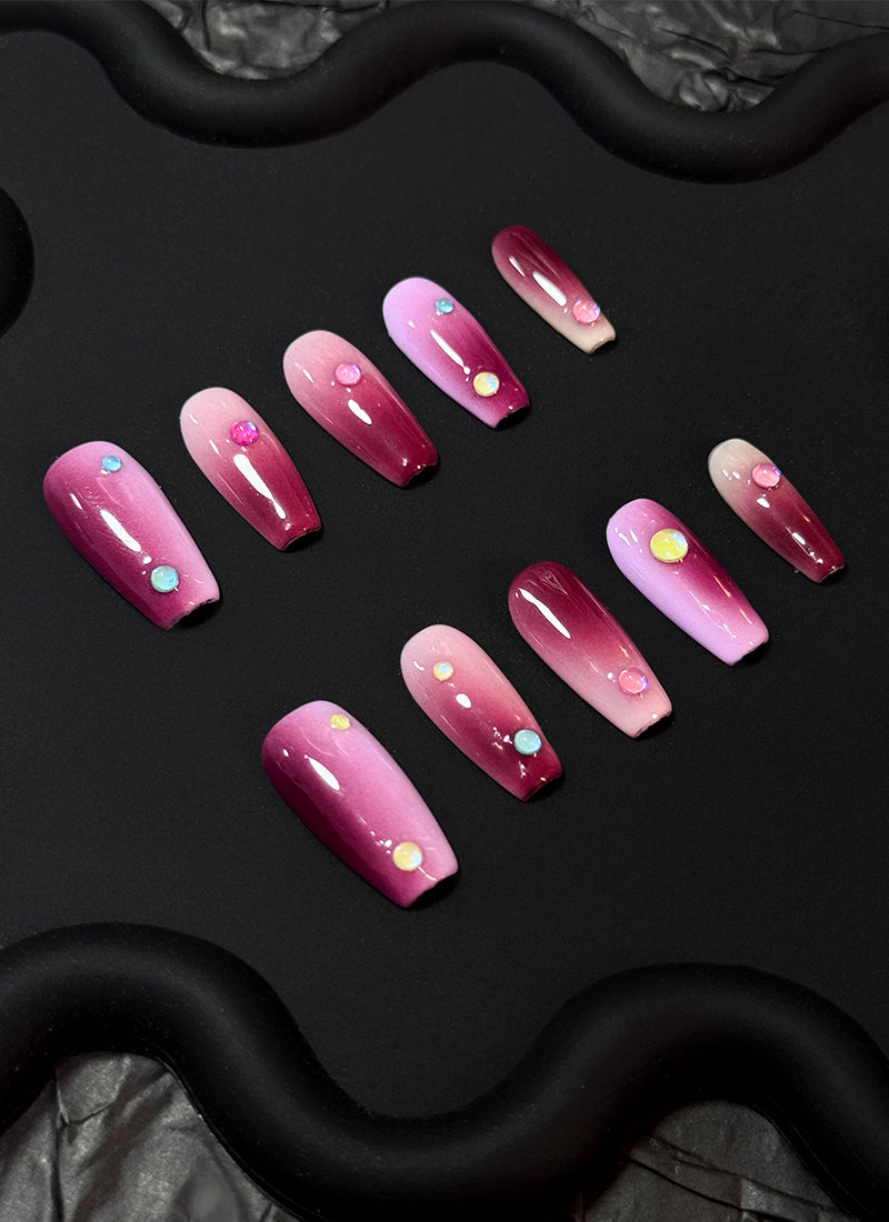 Pink & Red Ombre with Colorful Dots Coffin Handmade Press-On Nails NF089