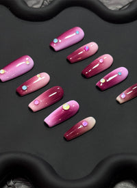 Pink & Red Ombre with Colorful Dots Coffin Handmade Press-On Nails NF089