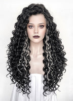 Black Mixed Silver Grey Curly Lace Front Synthetic Hair Wig LF1334