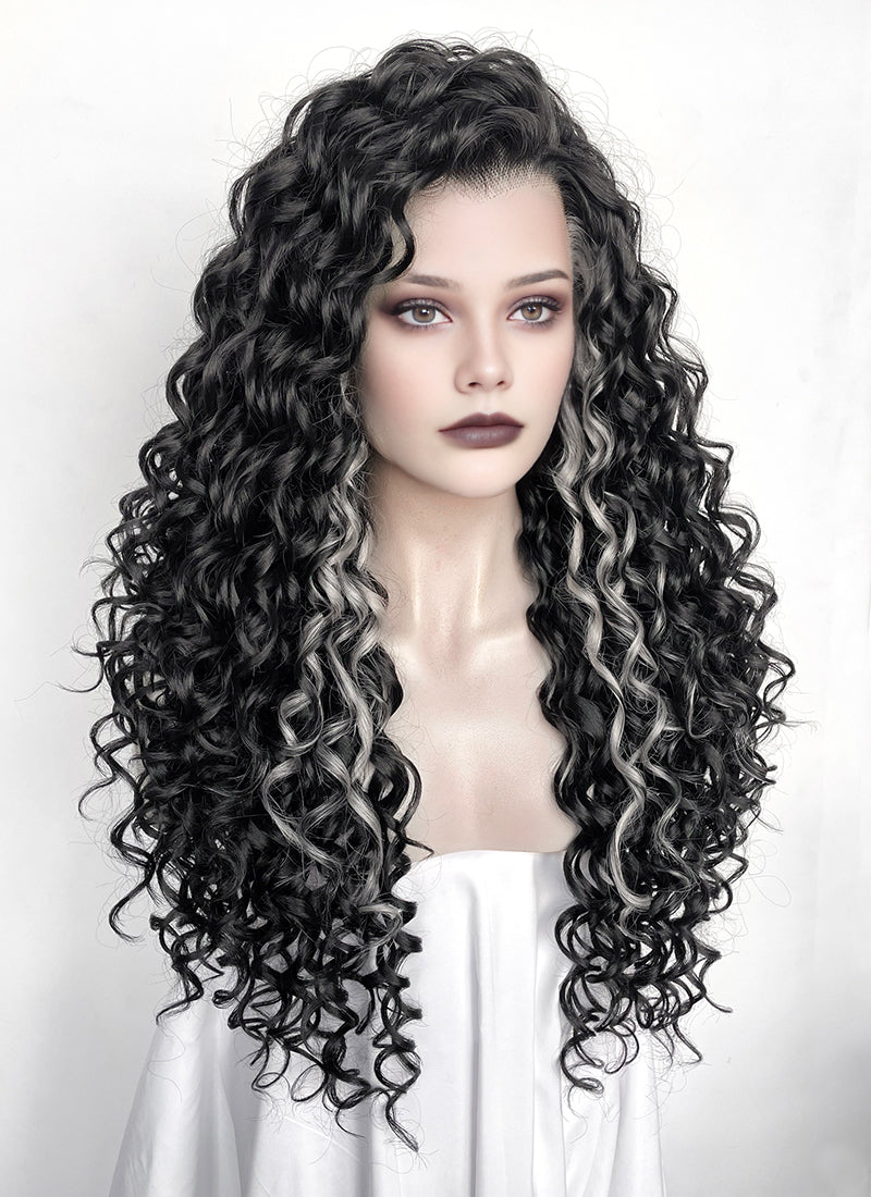 Black Mixed Silver Grey Curly Lace Front Synthetic Hair Wig LF1334