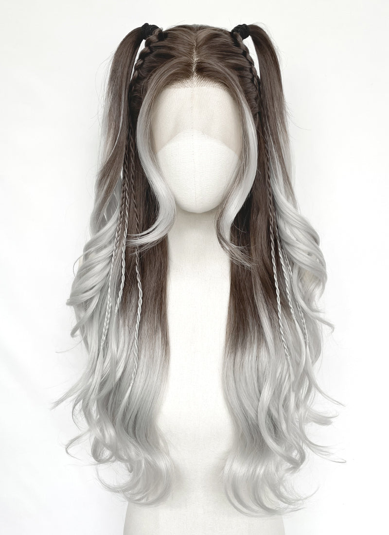 Brunette Silver Grey Ombre Braided Lace Front Synthetic Wig LF2201