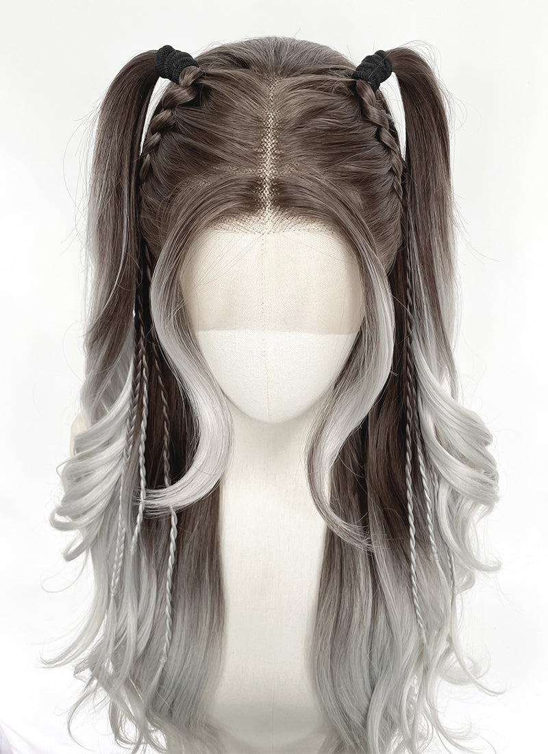 Brunette Silver Grey Ombre Braided Lace Front Synthetic Wig LF2201