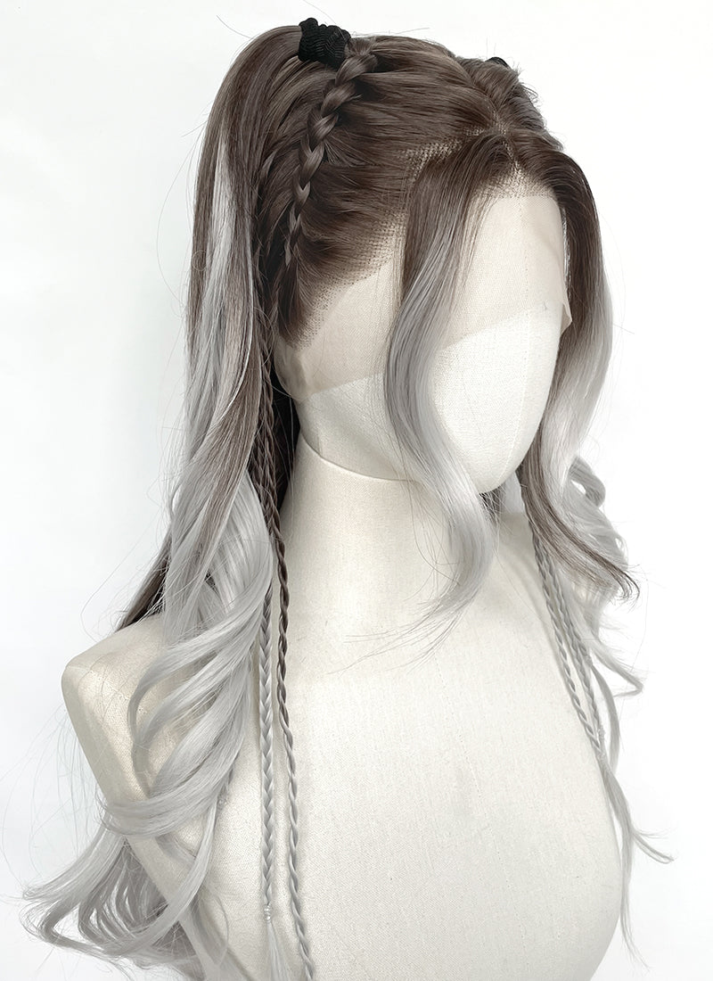 Brunette Silver Grey Ombre Braided Lace Front Synthetic Wig LF2201