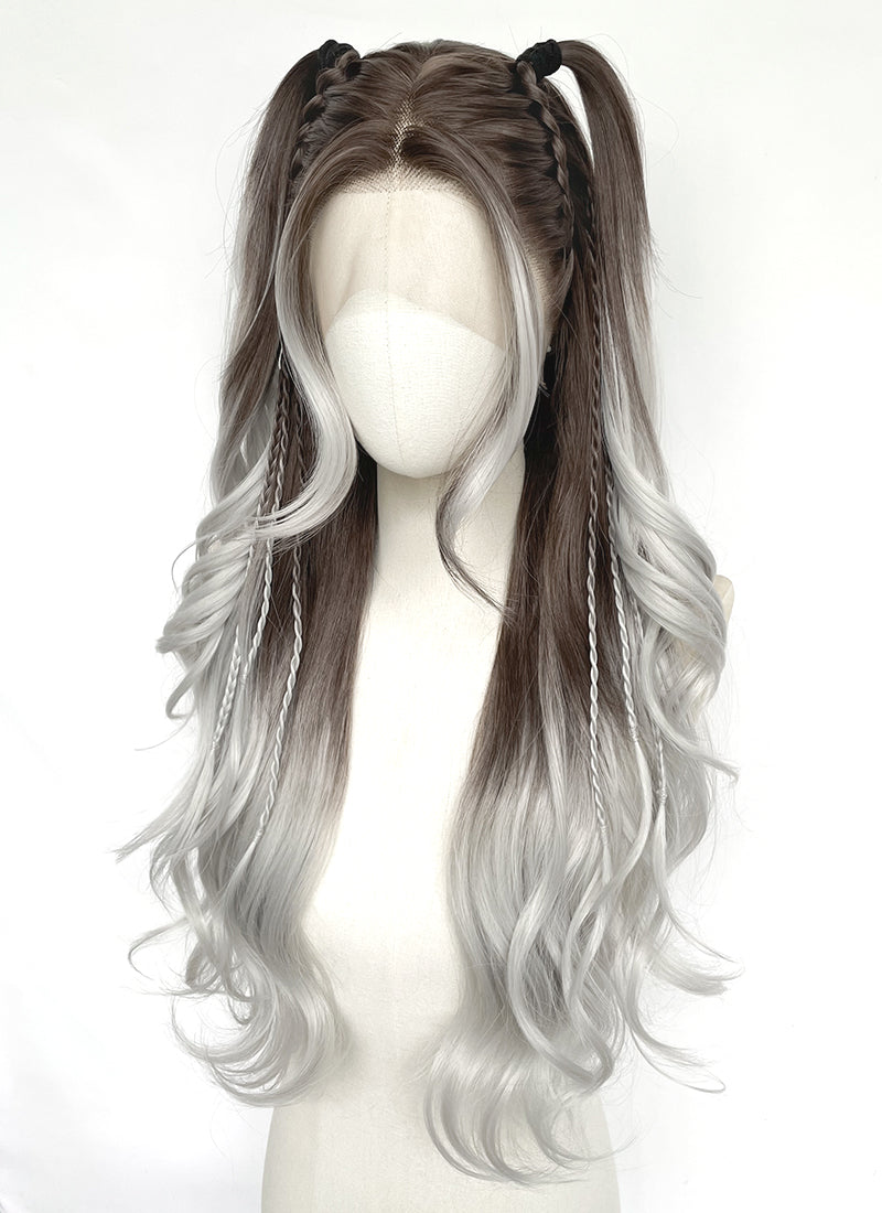 Brunette Silver Grey Ombre Braided Lace Front Synthetic Wig LF2201