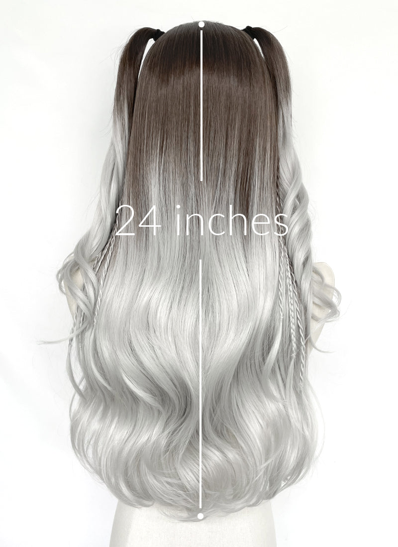 Brunette Silver Grey Ombre Braided Lace Front Synthetic Wig LF2201