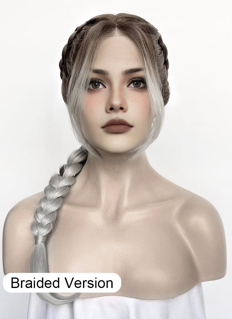 Fourth Wing Violet Sorrengail Brunette Silver Grey Ombre Braided Lace Front Synthetic Wig LF2519