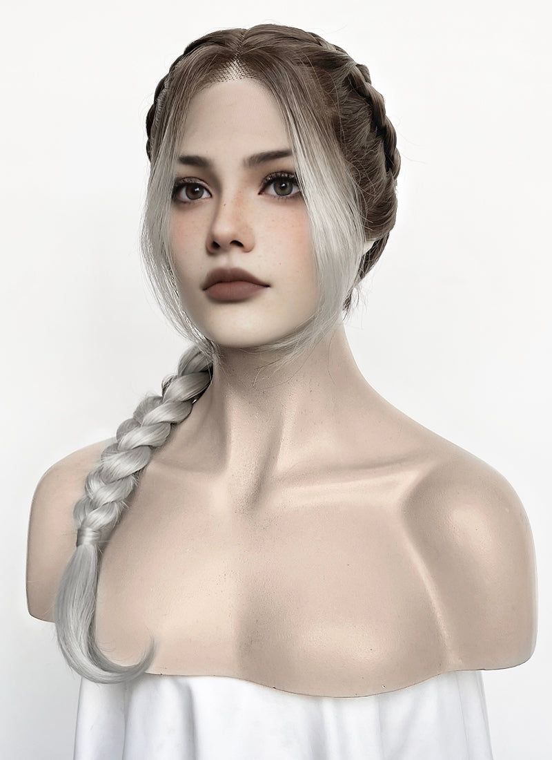 Fourth Wing Violet Sorrengail Brunette Silver Grey Ombre Braided Lace Front Synthetic Wig LF2519