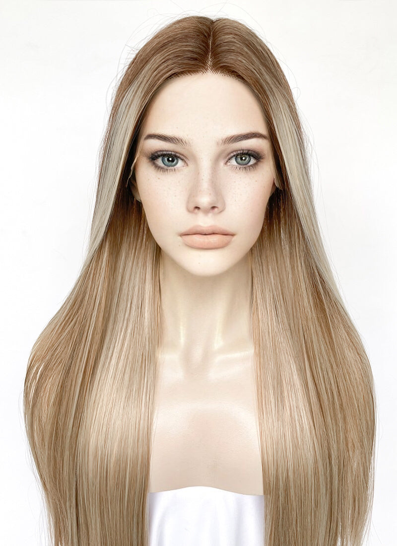 Brown Blonde Ombre Money Piece Straight Lace Front Kanekalon Synthetic Wig LF3168
