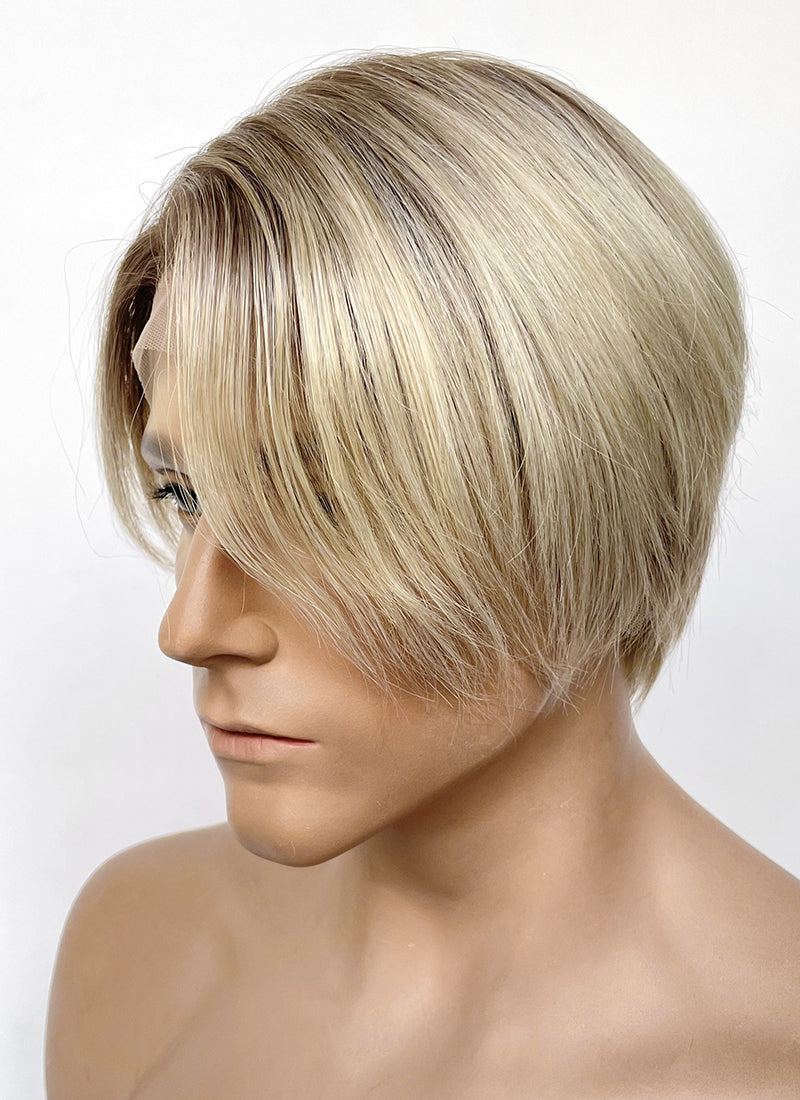Straight Blonde With Brown Roots 13" x 6" Lace Top Kanekalon Synthetic Men's Wig NM024