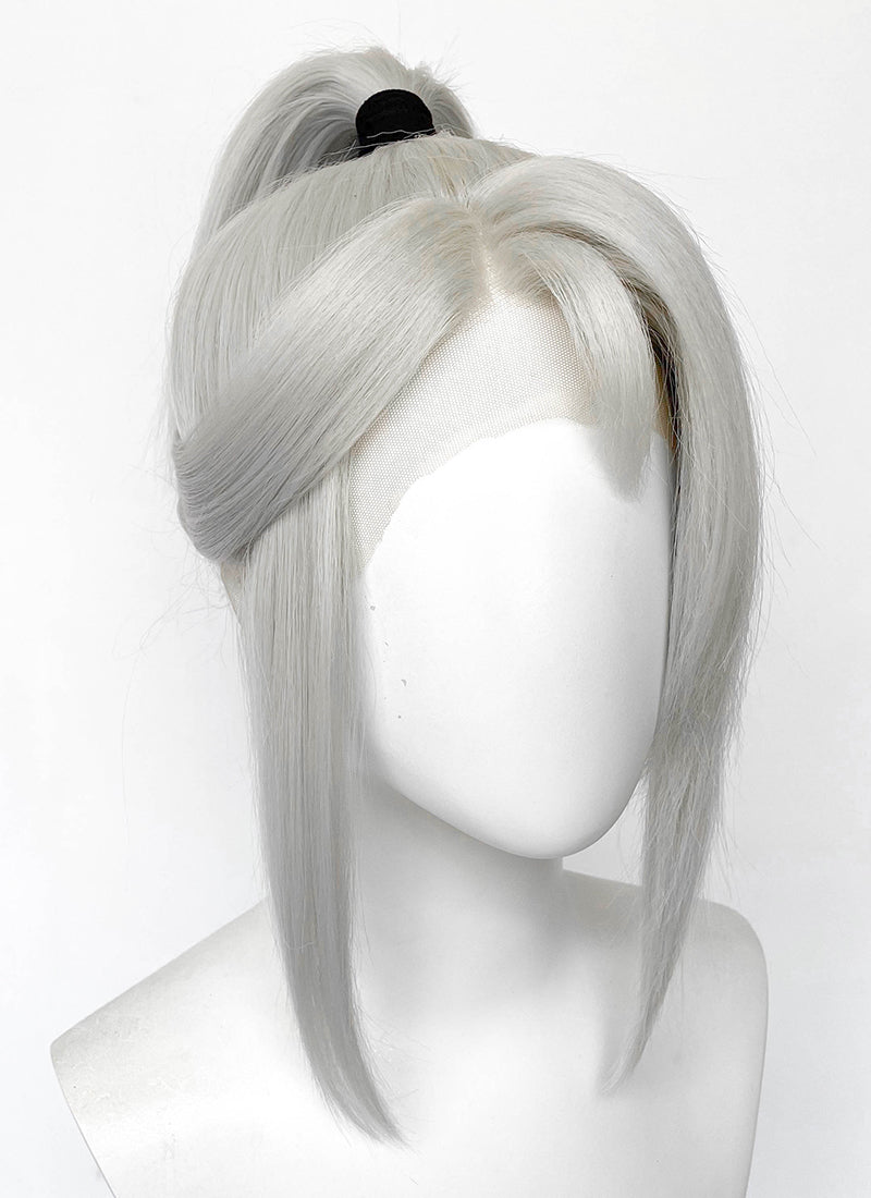 Valorant Jett Silver Grey Straight Yaki Lace Front Synthetic Wig With Ponytail LF6118