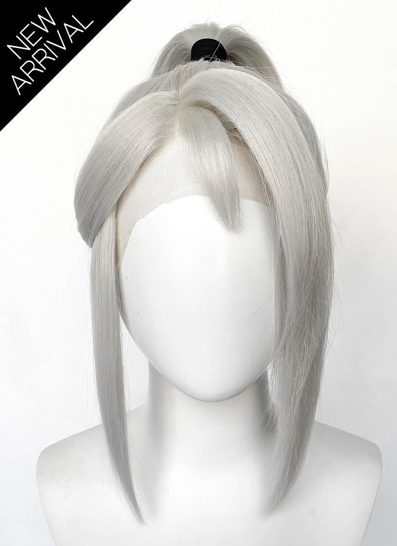 Valorant Jett Silver Grey Straight Yaki Lace Front Synthetic Wig With Ponytail LF6118