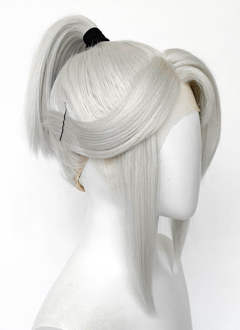 Valorant Jett Silver Grey Straight Yaki Lace Front Synthetic Wig With Ponytail LF6118