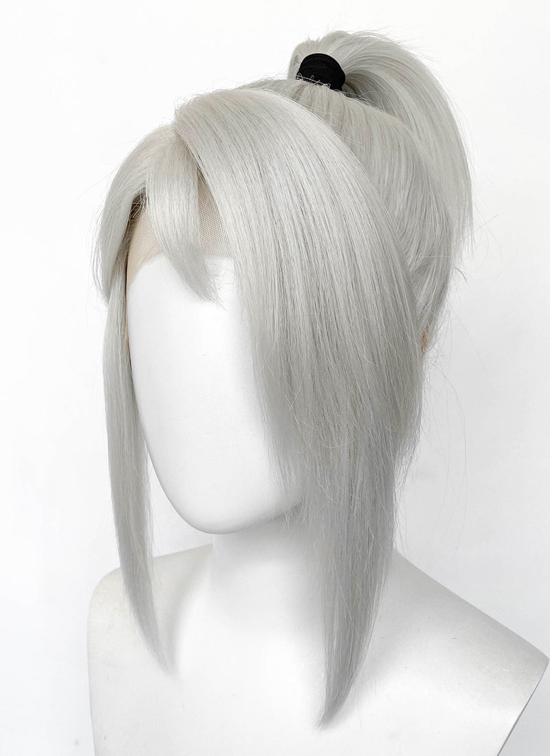Valorant Jett Silver Grey Straight Yaki Lace Front Synthetic Wig With Ponytail LF6118