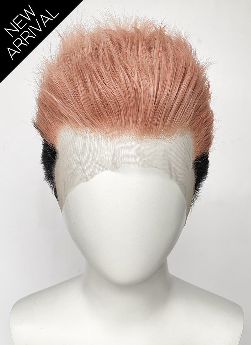 Jujutsu Kaisen Sukuna/Yuji Itadori Peach Pink Black Ombre Wavy Lace Front Synthetic Men's Wig LF6130