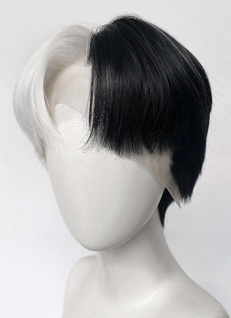 Black White Split Gemini Color Straight Lace Front Synthetic Men's Wig LF6150