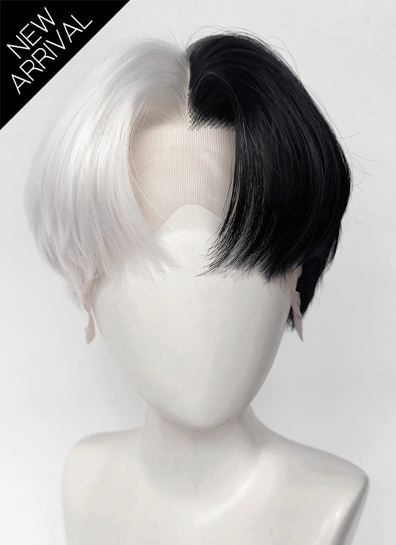 Black White Split Gemini Color Straight Lace Front Synthetic Men's Wig LF6150