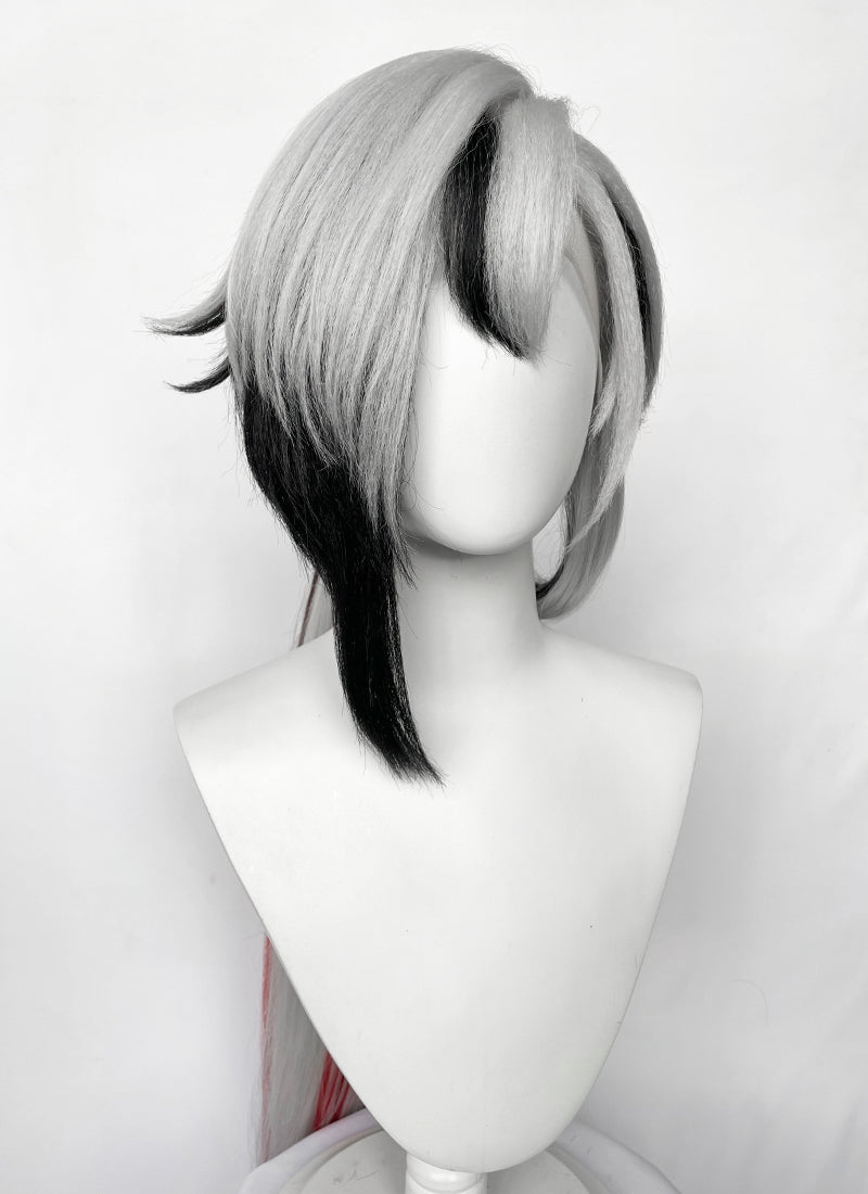 Genshin Impact Arlecchino Grey Black Red Brown Mixed Straight Yaki Lace Front Synthetic Wig LF6174