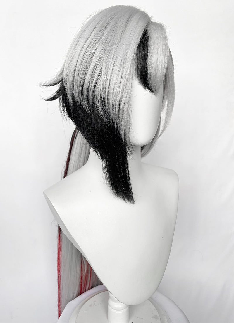 Genshin Impact Arlecchino Grey Black Red Brown Mixed Straight Yaki Lace Front Synthetic Wig LF6174