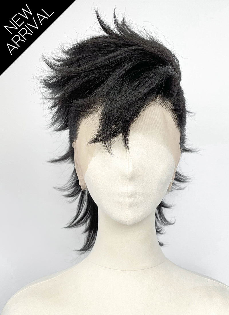 Demon Slayer: Kimetsu no Yaiba Genya Shinazugawa Black Full Lace Synthetic Men's Shaved Sides Wig LF6202