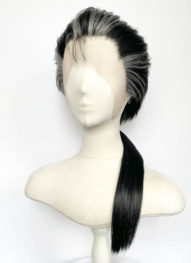 Final Fantasy Auron Black Mixed Grey Straight Ponytail Lace Front Synthetic Men's Wig LF8139