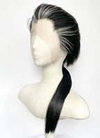 Final Fantasy Auron Black Mixed Grey Straight Ponytail Lace Front Synthetic Men's Wig LF8139