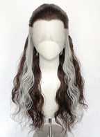 Brown Mixed Silver Grey Wavy Lace Front Synthetic Hair Wig LFK5603