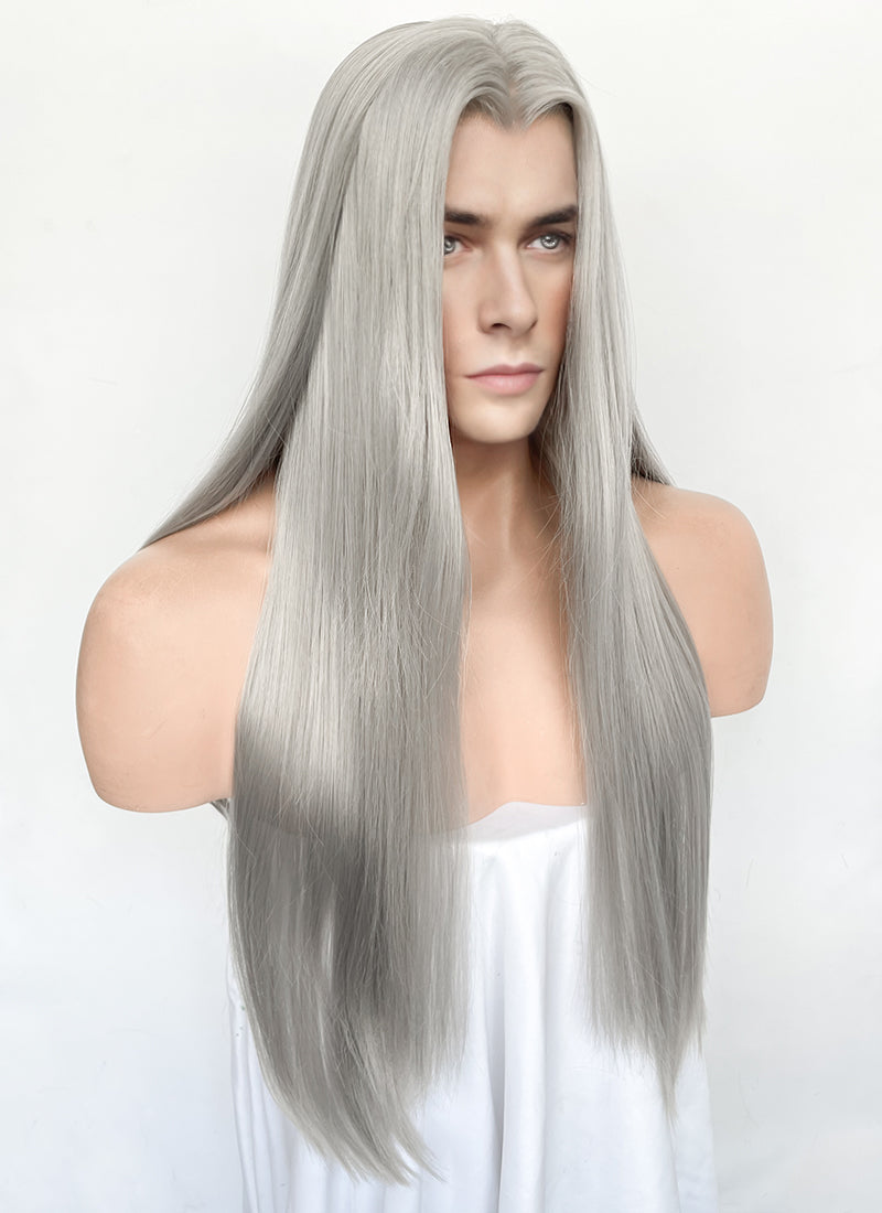 Pastel Blondish Grey Straight Lace Front Synthetic Hair Men's Wig LFM003