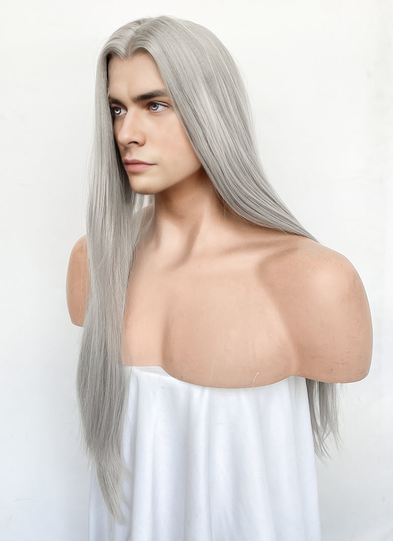 Pastel Blondish Grey Straight Lace Front Synthetic Hair Men's Wig LFM003