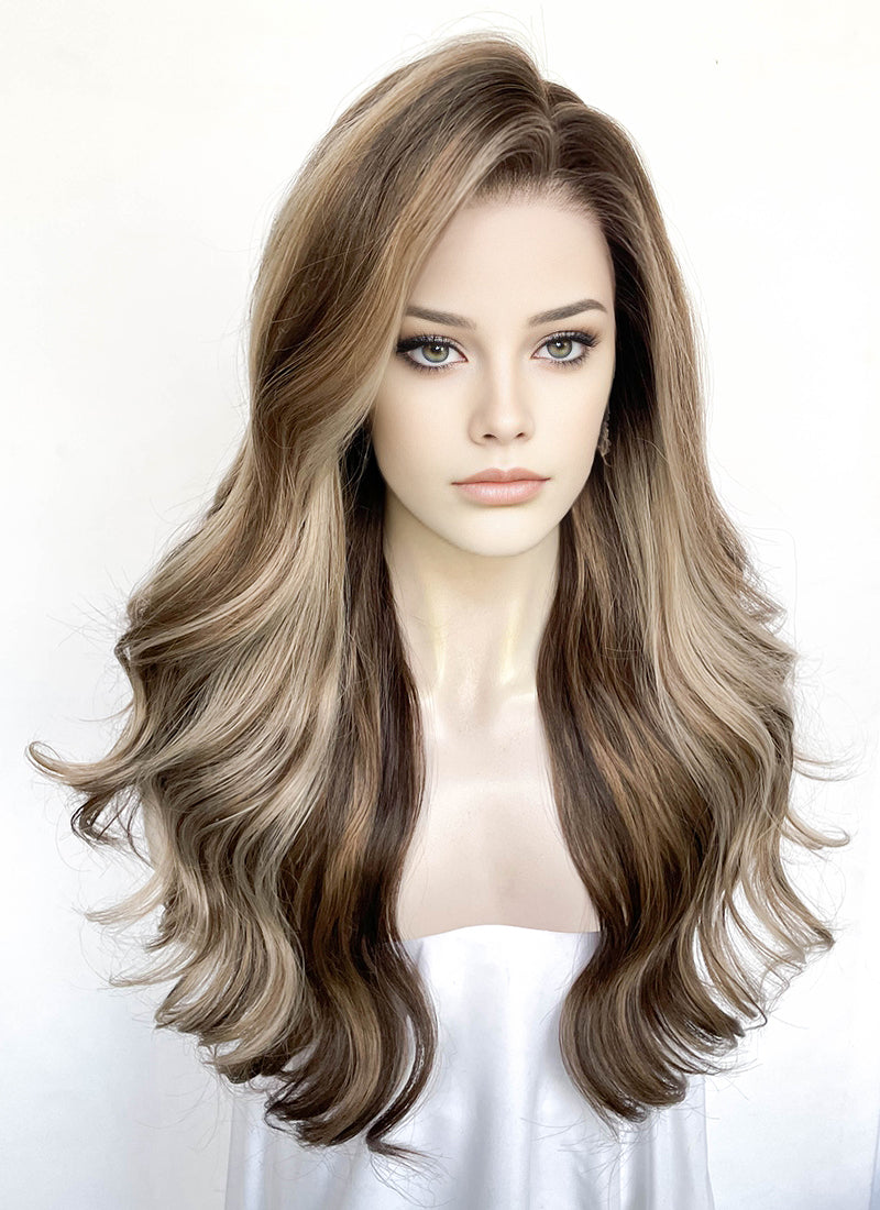 Balayage Blonde Mixed Brown Wavy Lace Front Kanekalon Synthetic Wig LFS045