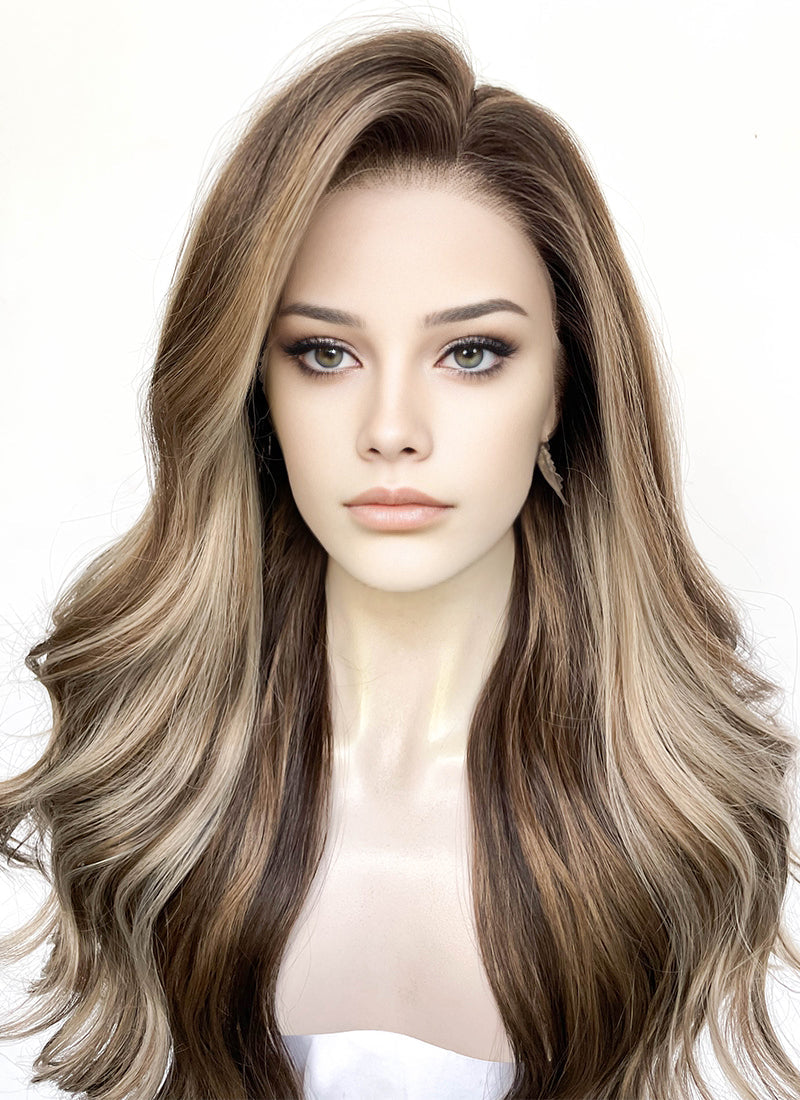 Balayage Blonde Mixed Brown Wavy Lace Front Kanekalon Synthetic Wig LFS045
