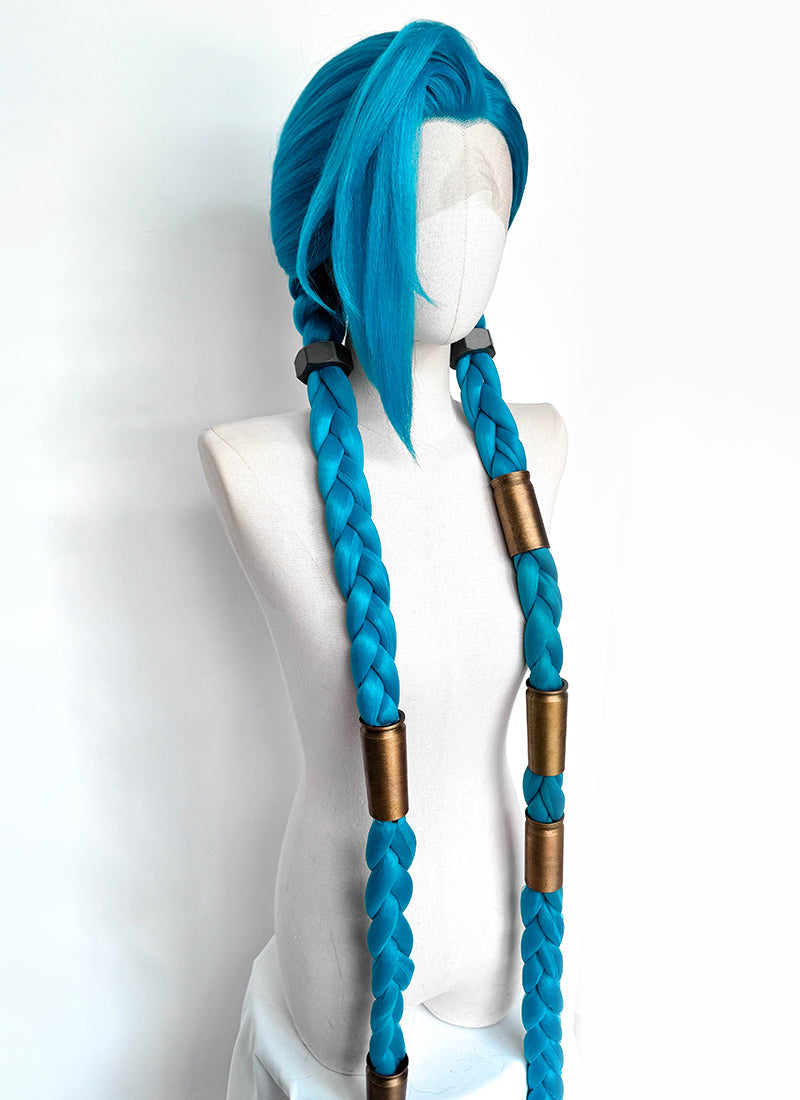 League of Legends LOL Arcane Jinx Turquoise Blue Braided Lace Front Synthetic Wig LN6020X