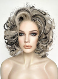 Pastel Blondish Grey Mixed Black Curly Lace Front Synthetic Hair Wig LN6034
