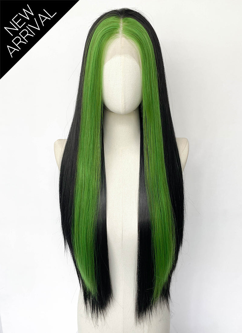 Black And Green Money Piece Straight Lace Front Synthetic Wig LN6046