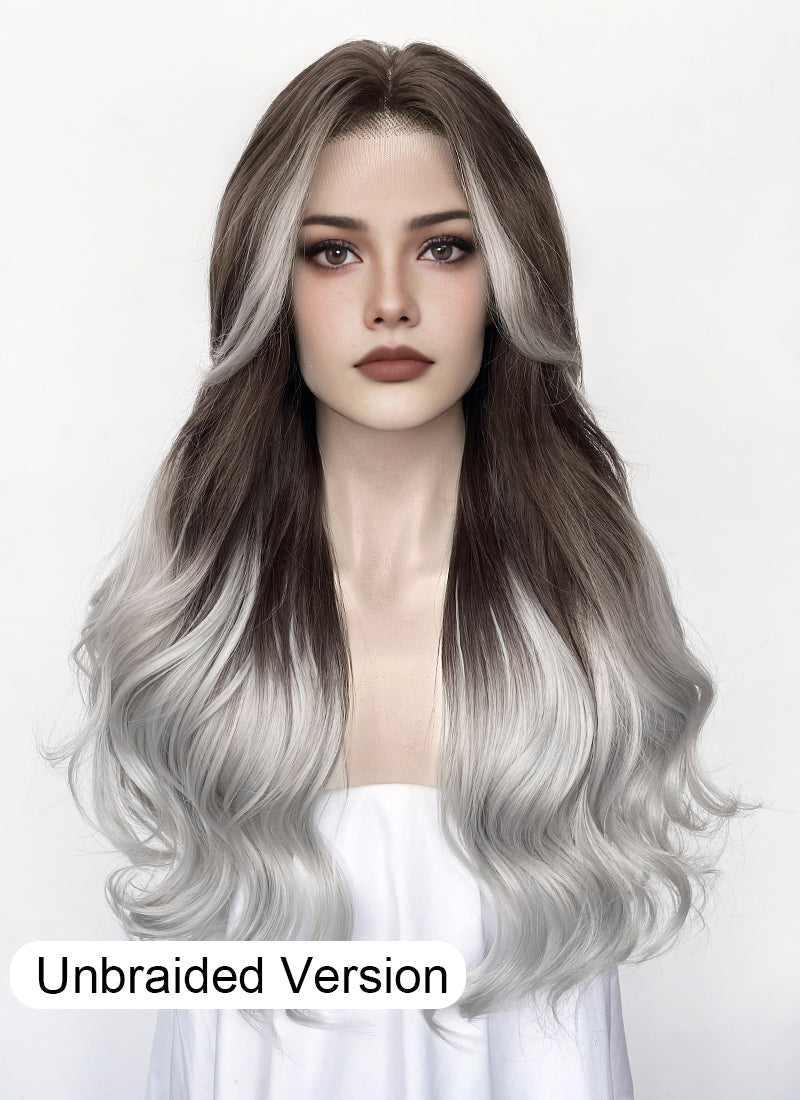 Fourth Wing Violet Sorrengail Brunette Silver Grey Ombre Braided Lace Front Synthetic Wig LF2519