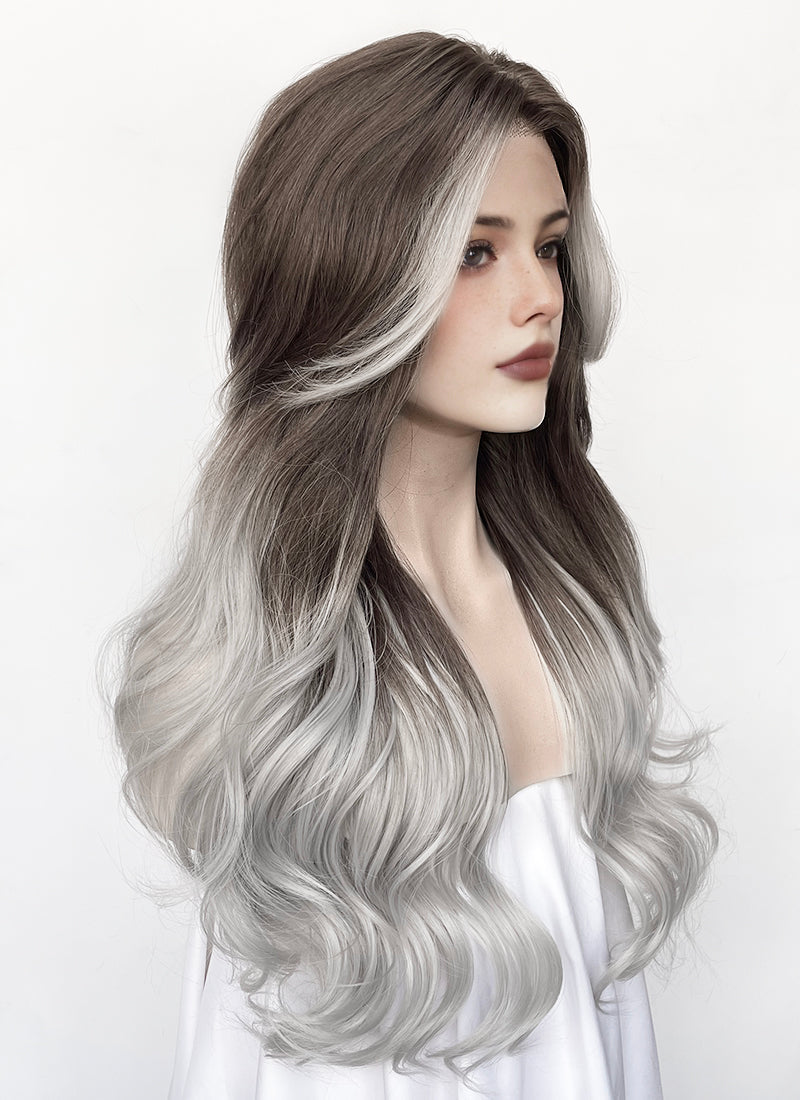 Fourth Wing Violet Sorrengail Brunette Silver Grey Ombre Braided Lace Front Synthetic Wig LF2519