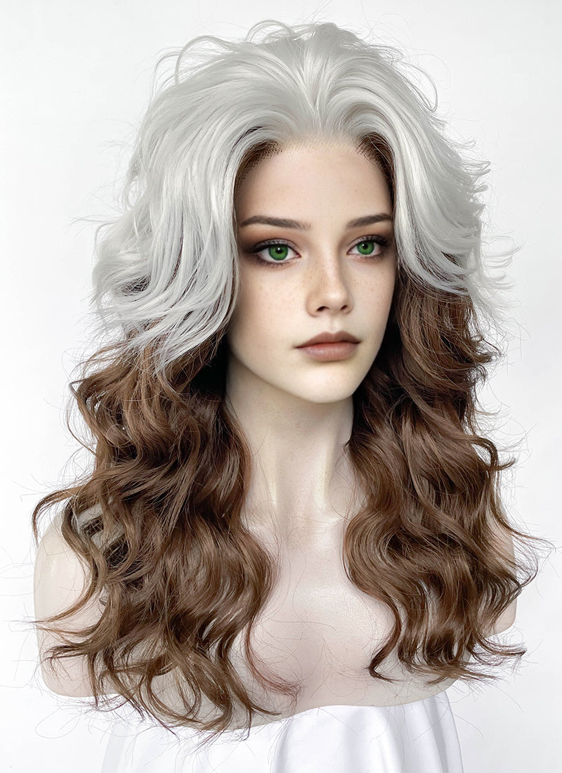 X-Men Rogue Silver White Mixed Brown Wavy Lace Front Synthetic Wig LW4109A