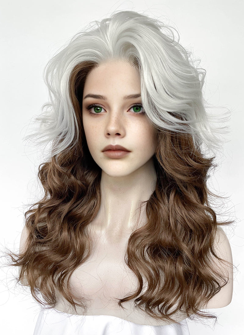 X-Men Rogue Silver White Mixed Brown Wavy Lace Front Synthetic Wig LW4109A
