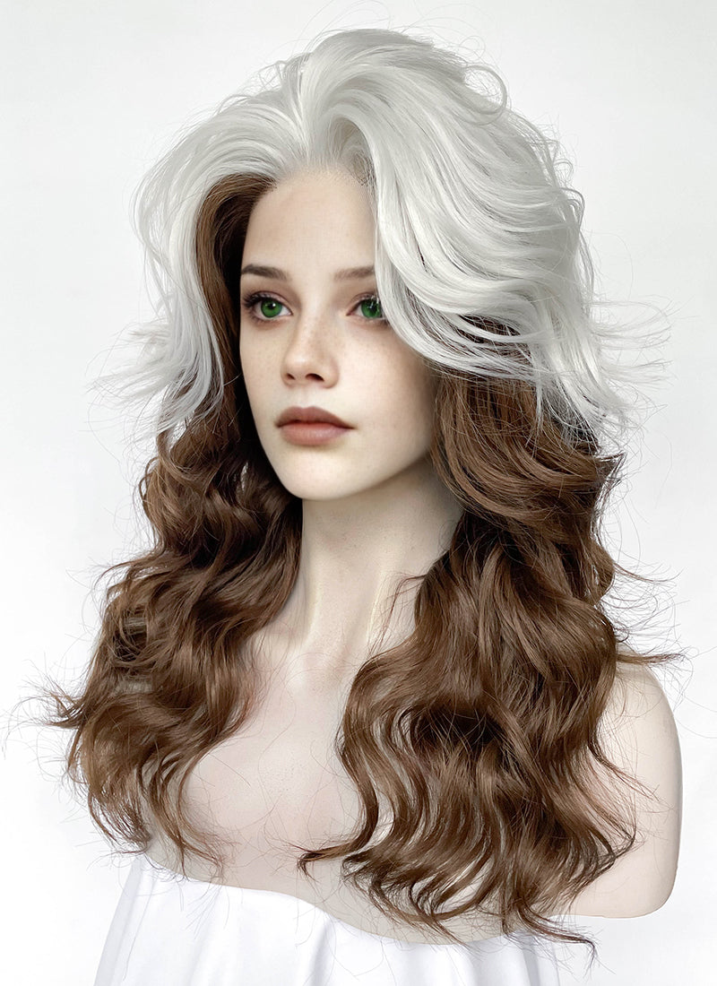 X-Men Rogue Silver White Mixed Brown Wavy Lace Front Synthetic Wig LW4109A