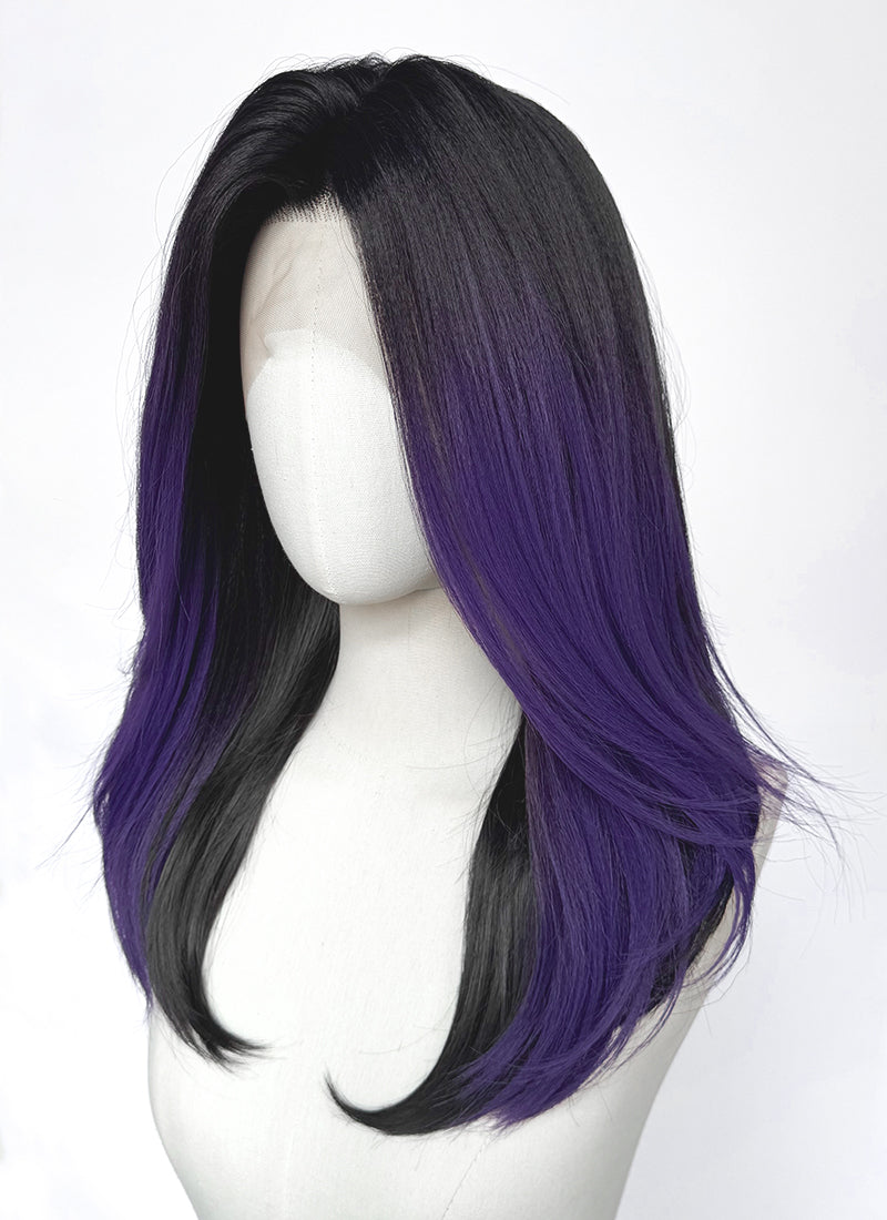 Black With Purple Straight Yaki Lace Front Synthetic Wig LW4110